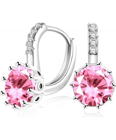 Fashion Platinum Plated Round Cubic Zirconia Lever Back Earrings for Women Red Blue Purple Pink Crystal Earrings for Girls DM...