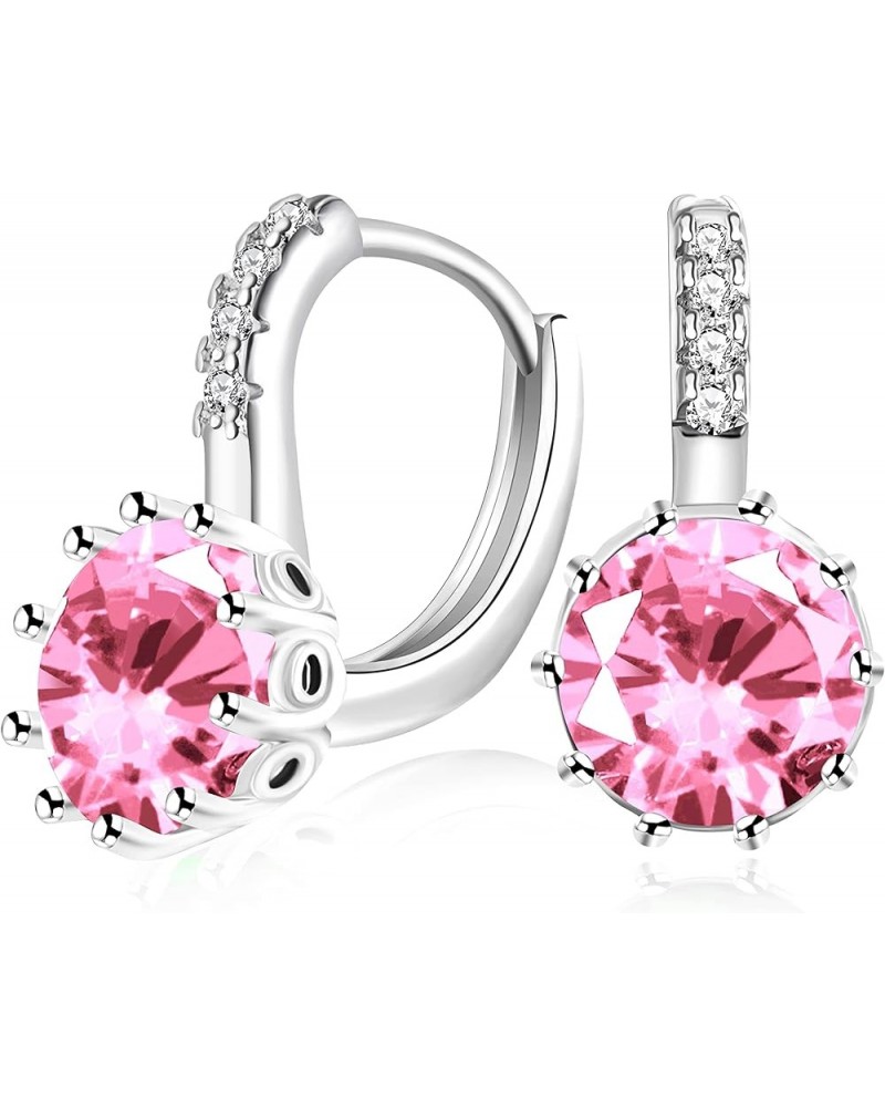 Fashion Platinum Plated Round Cubic Zirconia Lever Back Earrings for Women Red Blue Purple Pink Crystal Earrings for Girls DM...