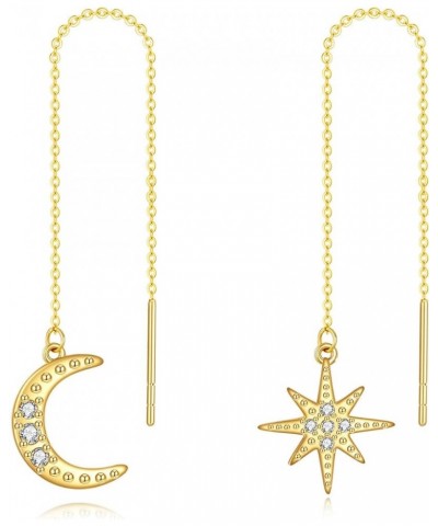 14k Gold Threader Earrings Chain Dangling Earring for Women Girls Moon Star $61.50 Earrings