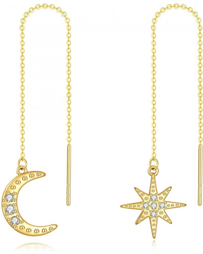 14k Gold Threader Earrings Chain Dangling Earring for Women Girls Moon Star $61.50 Earrings