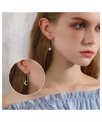 14k Gold Threader Earrings Chain Dangling Earring for Women Girls Moon Star $61.50 Earrings