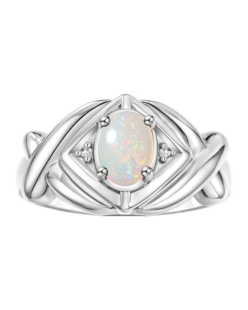 Hugs & Kisses XOXO Ring with 7X5MM Gemstone & Diamonds - Birthstone Jewelry for Women in Sterling Silver, Sizes 5-10 Opal Afr...