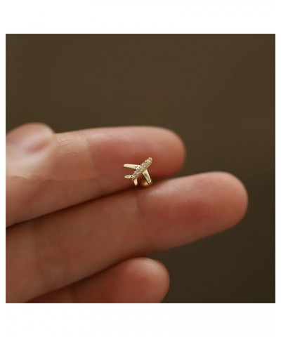 Mini Airplane CZ Stud Earrings for Women Little Girls Tiny Cartilage Conch Sterling Silver Sensitive Ears Hypoallergenic Trag...