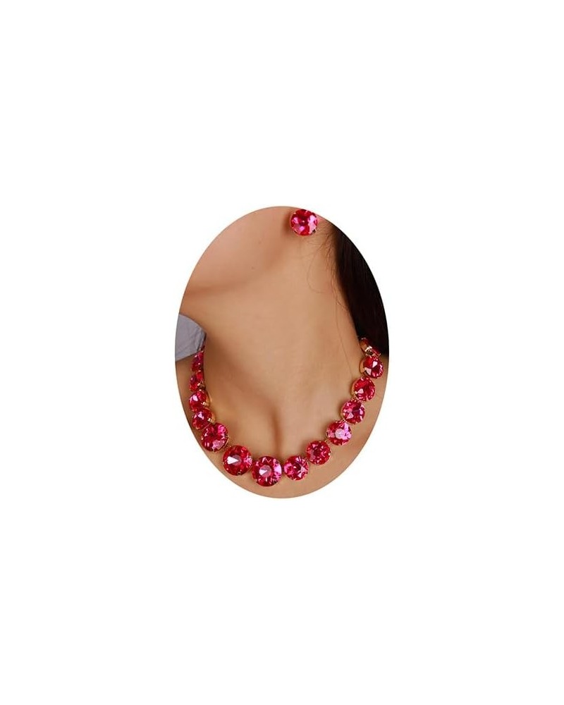 Round Spakling Crystal Choker Necklaces with Circular Stud Earrings Wedding Jewelry Set for Women Rose Red $10.19 Jewelry Sets