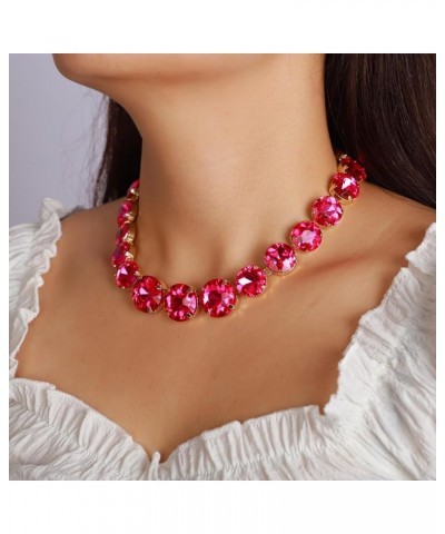 Round Spakling Crystal Choker Necklaces with Circular Stud Earrings Wedding Jewelry Set for Women Rose Red $10.19 Jewelry Sets