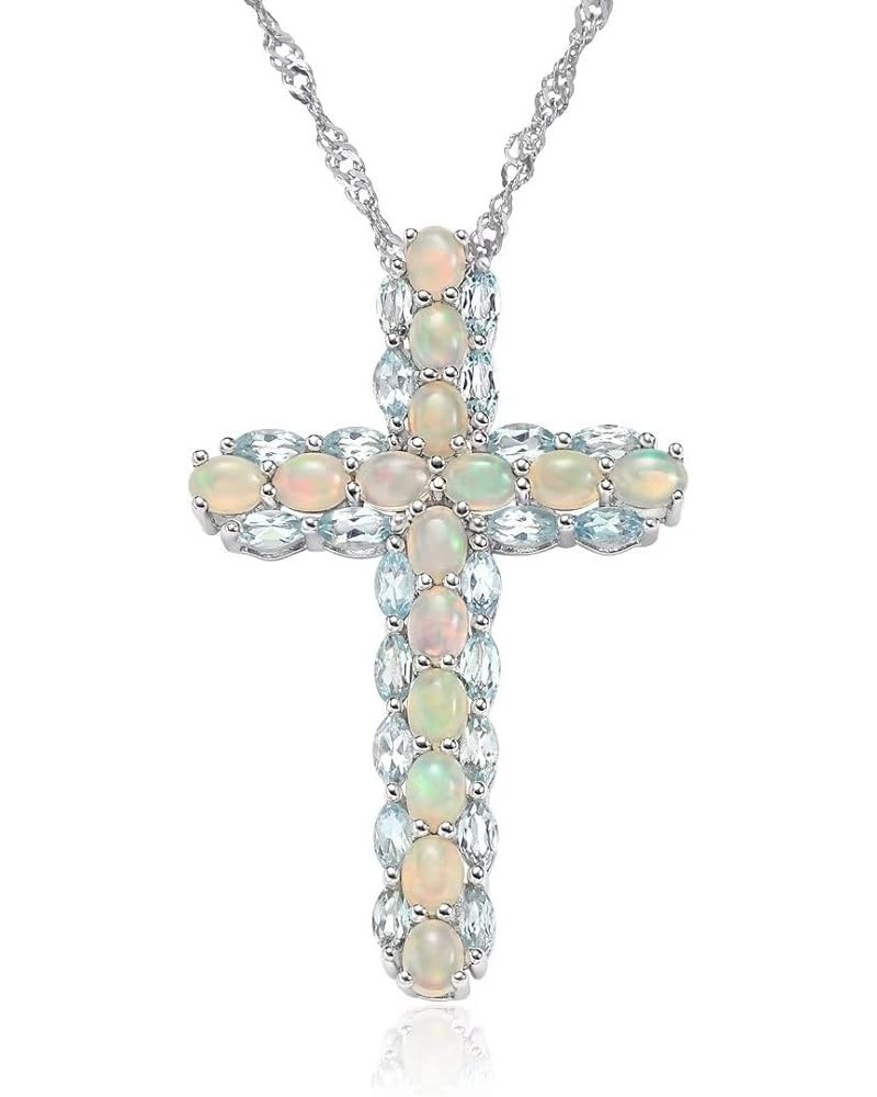 Multicolor Gemstone Cross Pendant For Women 925 Sterling Silver Natural Opal Tourmaline Four Leaf Clover Christian Jewelry Cr...