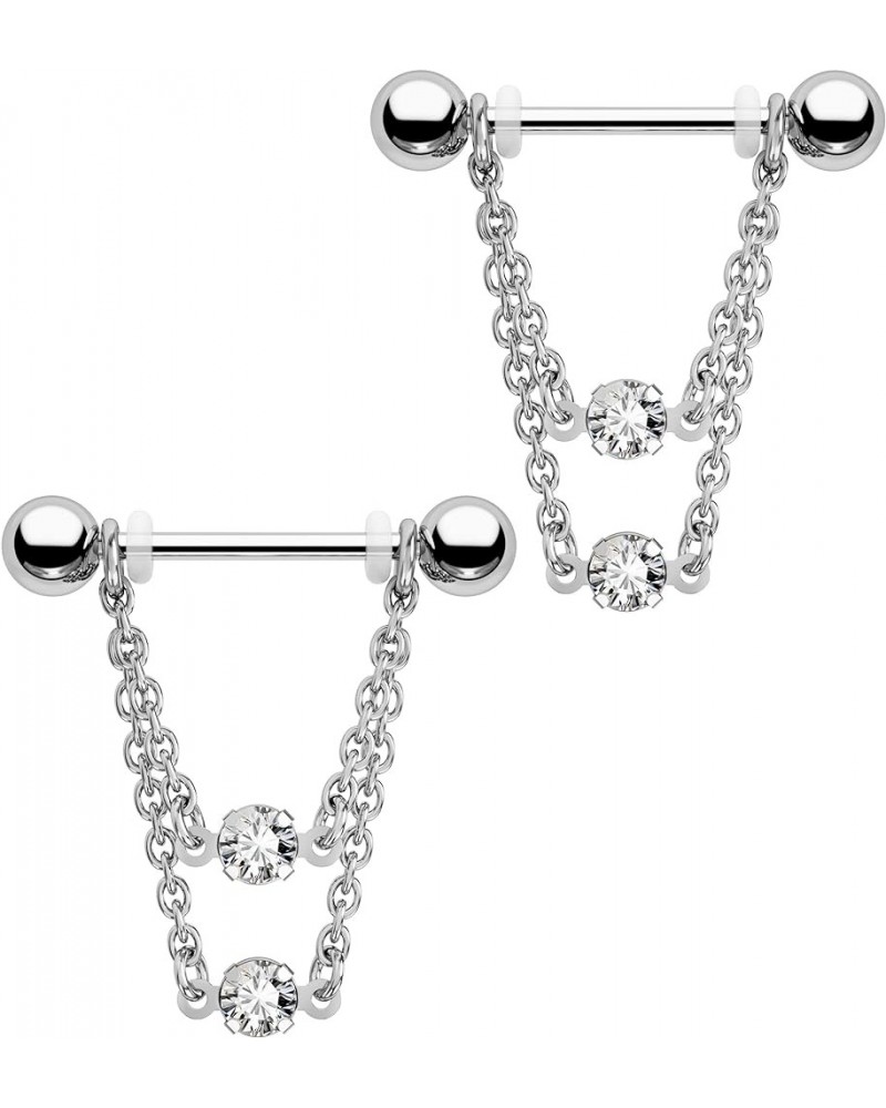 2pcs Stainless Steel Nipple Rings 14g Nipple Barbell Chain CZ Nipple Piercing Jewelry for Women Silver Color $11.33 Body Jewelry