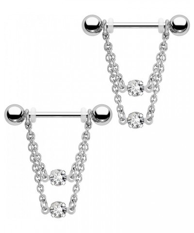 2pcs Stainless Steel Nipple Rings 14g Nipple Barbell Chain CZ Nipple Piercing Jewelry for Women Silver Color $11.33 Body Jewelry