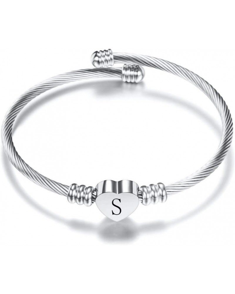 Stainless Steel Cable Wire Heart Charm Alphabet Initial Letters Adjustable Size Bangle Bracelet Silver-S $7.19 Bracelets