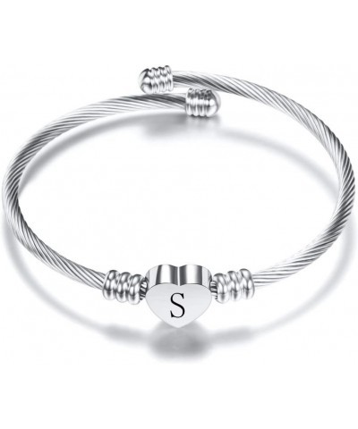 Stainless Steel Cable Wire Heart Charm Alphabet Initial Letters Adjustable Size Bangle Bracelet Silver-S $7.19 Bracelets