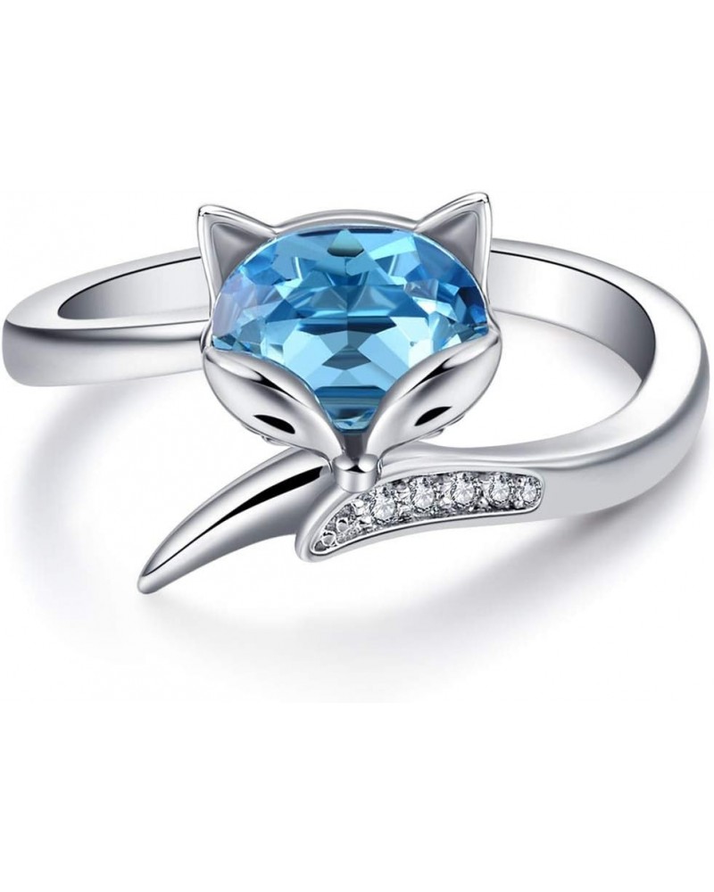 Sterling Silver Fox Ring for Women, Simulated Aquamarine Birthstone Crystal from Austria, Animal Fox Tail Adjustable Open Rin...