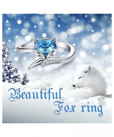 Sterling Silver Fox Ring for Women, Simulated Aquamarine Birthstone Crystal from Austria, Animal Fox Tail Adjustable Open Rin...