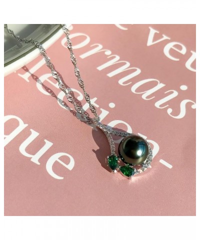 South Sea Cultured Black Pearl Necklace for Women 9-10mm Round AAAA Quality Genuine Tahitian Pearl Emeralds Pendant Necklaces...