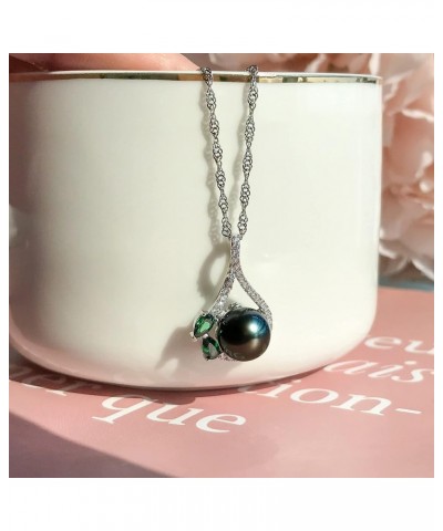 South Sea Cultured Black Pearl Necklace for Women 9-10mm Round AAAA Quality Genuine Tahitian Pearl Emeralds Pendant Necklaces...