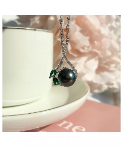 South Sea Cultured Black Pearl Necklace for Women 9-10mm Round AAAA Quality Genuine Tahitian Pearl Emeralds Pendant Necklaces...