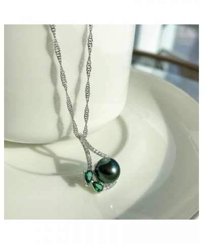 South Sea Cultured Black Pearl Necklace for Women 9-10mm Round AAAA Quality Genuine Tahitian Pearl Emeralds Pendant Necklaces...