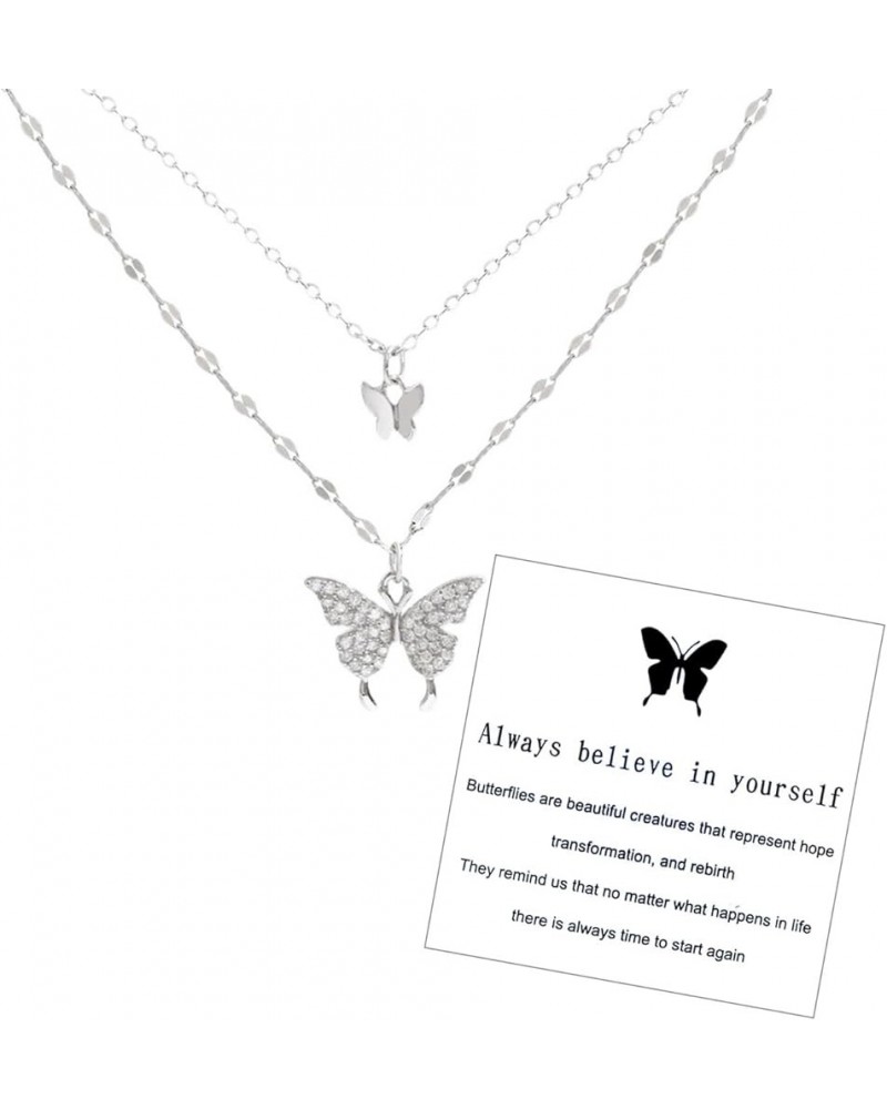 Butterfly Necklace for Women, Dainty Sparkly Double Layer Butterfly Pendant Necklace Trendy Elegant Rhinestone Clavicle Silve...