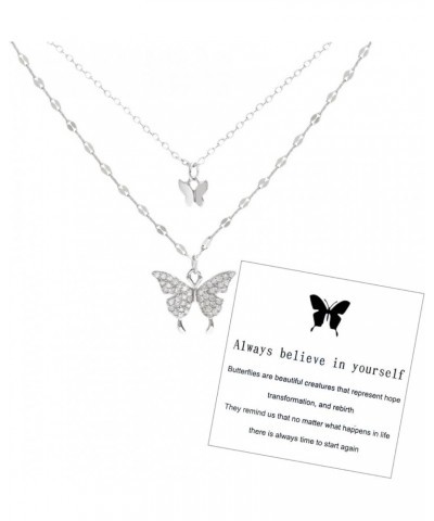 Butterfly Necklace for Women, Dainty Sparkly Double Layer Butterfly Pendant Necklace Trendy Elegant Rhinestone Clavicle Silve...