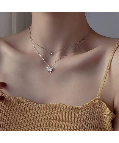 Butterfly Necklace for Women, Dainty Sparkly Double Layer Butterfly Pendant Necklace Trendy Elegant Rhinestone Clavicle Silve...