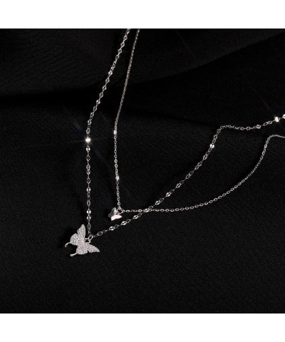 Butterfly Necklace for Women, Dainty Sparkly Double Layer Butterfly Pendant Necklace Trendy Elegant Rhinestone Clavicle Silve...