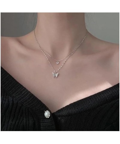 Butterfly Necklace for Women, Dainty Sparkly Double Layer Butterfly Pendant Necklace Trendy Elegant Rhinestone Clavicle Silve...