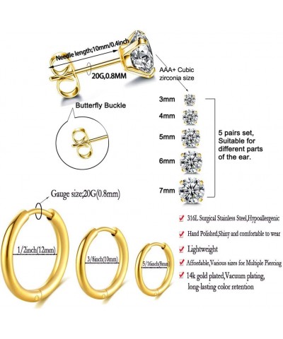 Surgical Stainless Steel Stud Earrings Hoop Earrings for Women Men 14K Gold Plated Hypoallergenic Cartilage Earrings Flat Bac...