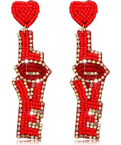 Valentine's Beaded Heart Earrings for Women Girls Rhinestone Love Heart Drop Dangle Earrings Statement Red Bead Earring Valen...