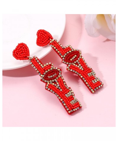 Valentine's Beaded Heart Earrings for Women Girls Rhinestone Love Heart Drop Dangle Earrings Statement Red Bead Earring Valen...