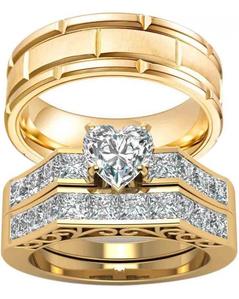 Couple Rings Yellow Gold Plated Princess 8 * 8 Cz Womens Wedding Ring Sets Titanium Steel Men Wedding Bands(Please Buy 2 Ring...