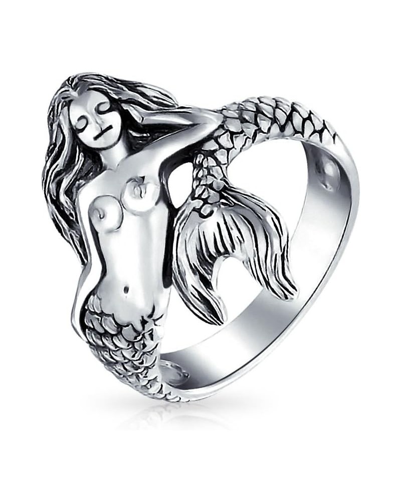 Nautical Marine Life Tropical Beach Nymph Siren Mermaid Ring For Women Oxidized .925 Sterling Silver 2MM Band Silver $14.30 R...