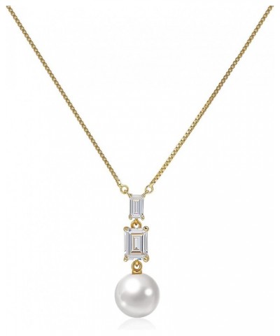 Pearl Pendant Necklace 9-10mm Pearls and Cubic Zirconia necklace with 16" Box Chain Plating 18K Gold Pearl Necklace for Women...