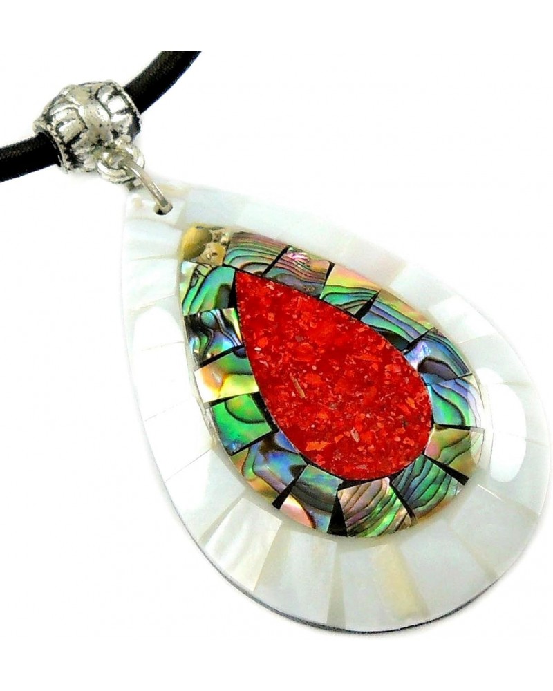 Paua Abalone Shell Necklace with Red Coral and Mother of Pearl Pendant on 16 to 27 inch Adjustable Cord Jewelry CA423 $10.50 ...