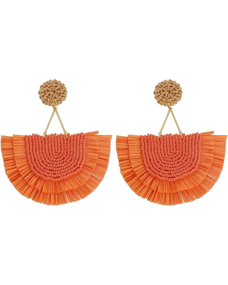 Bohemia Beaded Fringe Statement Earrings with Long Dangling Tassel Raffia Earrings for Women Big Orange $10.06 Earrings