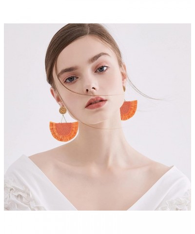 Bohemia Beaded Fringe Statement Earrings with Long Dangling Tassel Raffia Earrings for Women Big Orange $10.06 Earrings