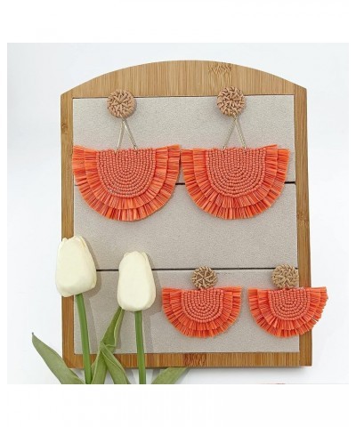 Bohemia Beaded Fringe Statement Earrings with Long Dangling Tassel Raffia Earrings for Women Big Orange $10.06 Earrings