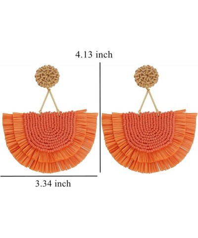 Bohemia Beaded Fringe Statement Earrings with Long Dangling Tassel Raffia Earrings for Women Big Orange $10.06 Earrings