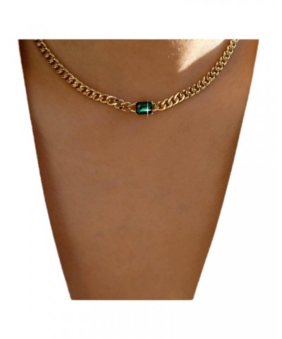 Vintage Square Emerald Necklace Crystal Emerald Pendant Necklace Green Emerald Square Choker Necklace Gold Curb Chain Necklac...