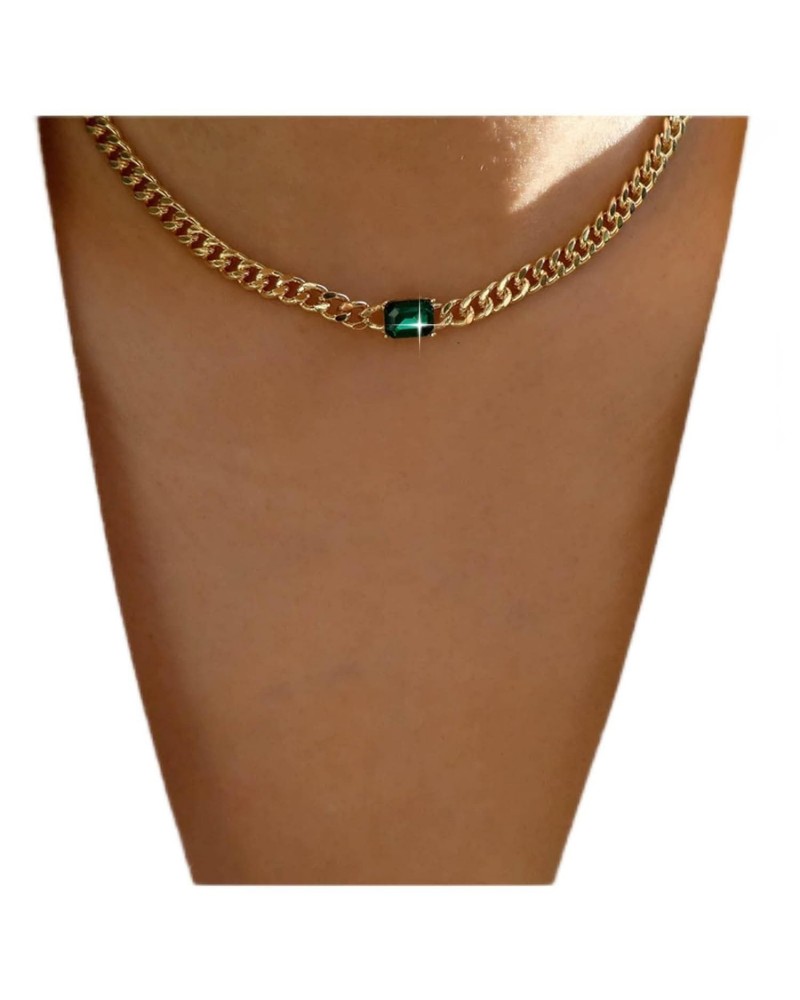 Vintage Square Emerald Necklace Crystal Emerald Pendant Necklace Green Emerald Square Choker Necklace Gold Curb Chain Necklac...