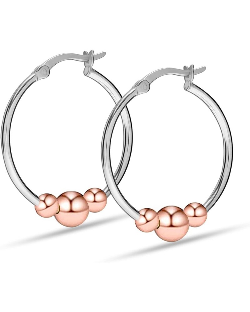 14K Gold-Plated Real 925 Sterling Silver Light-Weight Round Thin Tube Two-Tone Ball Beaded Hoop Earrings for Women Teen Rose-...