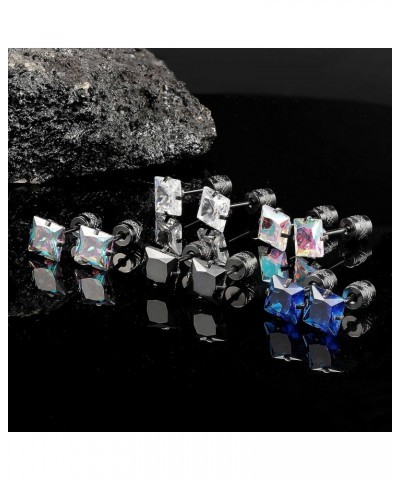 Titanium Screw Back Pack of Earrings Rainbow Black Square Cubic Zirconia Princess Cut Stud for Women Men Black Gold Plated Su...