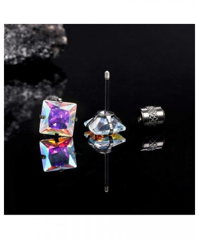 Titanium Screw Back Pack of Earrings Rainbow Black Square Cubic Zirconia Princess Cut Stud for Women Men Black Gold Plated Su...