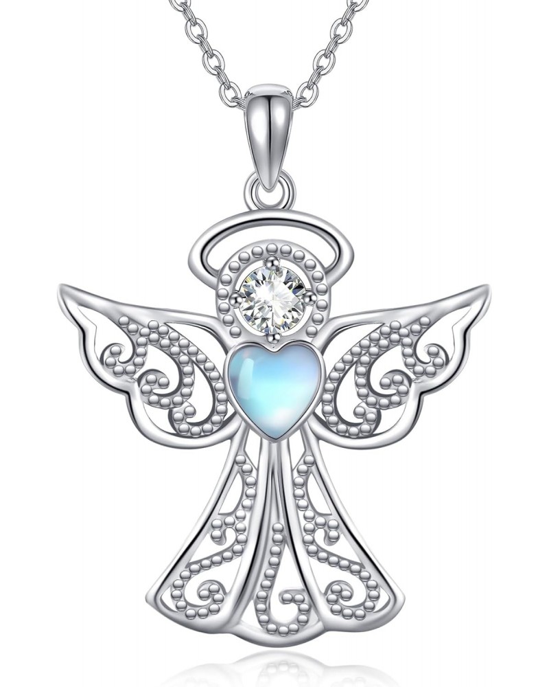 Guardian Angel Pendant Necklace 925 Sterling Silver Angel with Heart Moonstone Pendant Necklace Jewelry Gifts for Women $19.7...