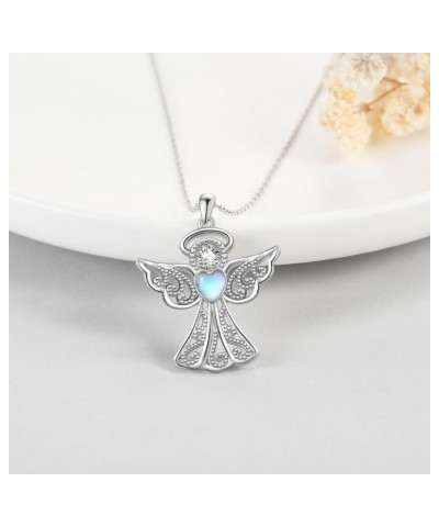 Guardian Angel Pendant Necklace 925 Sterling Silver Angel with Heart Moonstone Pendant Necklace Jewelry Gifts for Women $19.7...