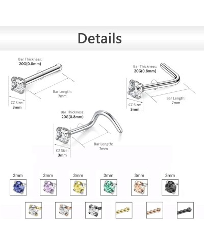 9-12PCS 20g Surgical Stainless Steel Nose Stud Ring Piercing Nose Bone/L Shaped/Nose Screws Rings Set C:9pcs Round CZ(White) ...