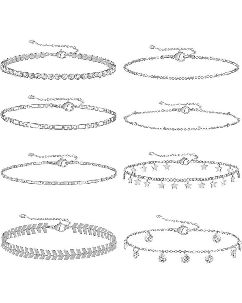 4/8 PCS 18K Gold Plated Multi-style Adjustable Charm Anklet Bracelets with CZ for Women & Teen Girls Gift 2-8pack-silver $8.8...