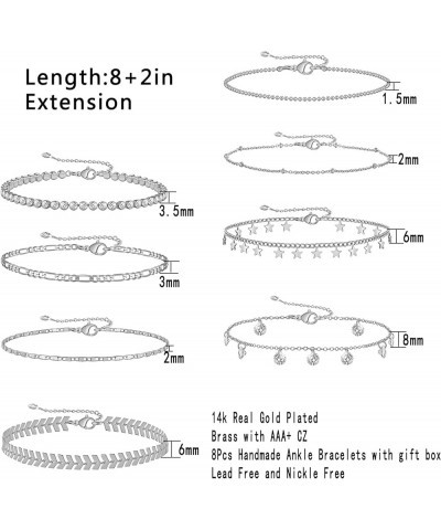 4/8 PCS 18K Gold Plated Multi-style Adjustable Charm Anklet Bracelets with CZ for Women & Teen Girls Gift 2-8pack-silver $8.8...