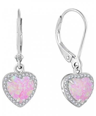 Heart Dangle Drop Earrings 925 Sterling Silver Solitaire Leverback Created Opal Jewelry for Women Gift Pink Opal-3 $35.74 Ear...