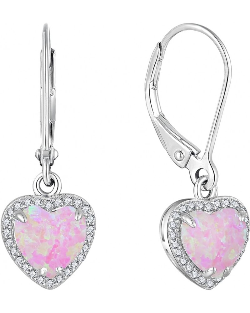 Heart Dangle Drop Earrings 925 Sterling Silver Solitaire Leverback Created Opal Jewelry for Women Gift Pink Opal-3 $35.74 Ear...