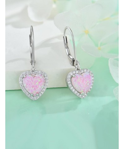 Heart Dangle Drop Earrings 925 Sterling Silver Solitaire Leverback Created Opal Jewelry for Women Gift Pink Opal-3 $35.74 Ear...