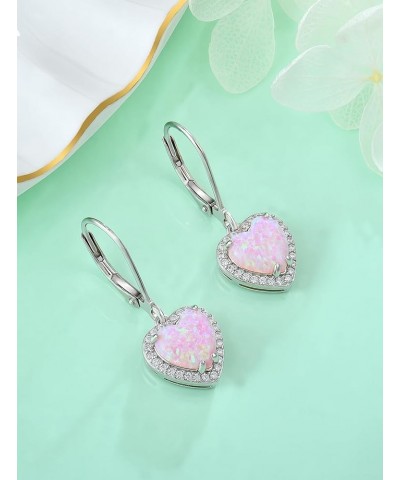 Heart Dangle Drop Earrings 925 Sterling Silver Solitaire Leverback Created Opal Jewelry for Women Gift Pink Opal-3 $35.74 Ear...